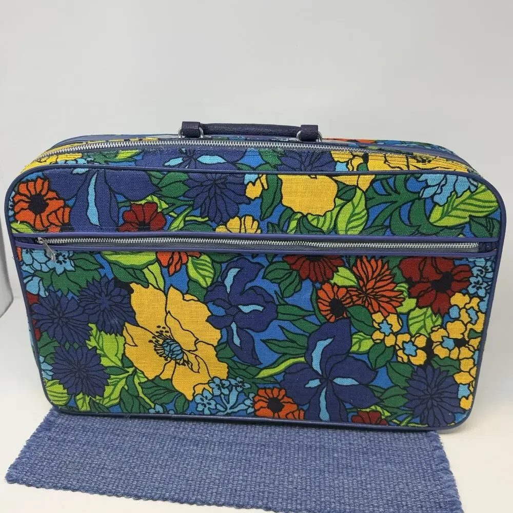Vintage 70s Retro Suitcase Floral Flowers Flower Power Blue W/ Lock Bantam